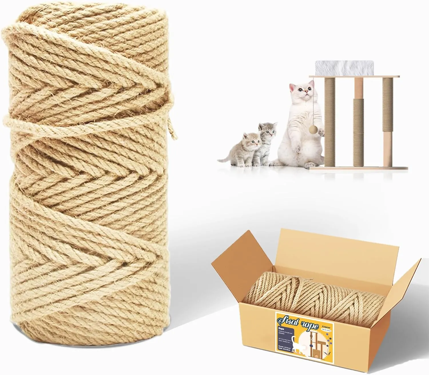 1/4 inch 328ft Natural Sisal Rope for Cat Scratchers Ideal for Replacing The Twine on cat Trees, Repairing, Replacing, or Recovering cat Towers with Scratch Posts(1/4 inch 328ft)