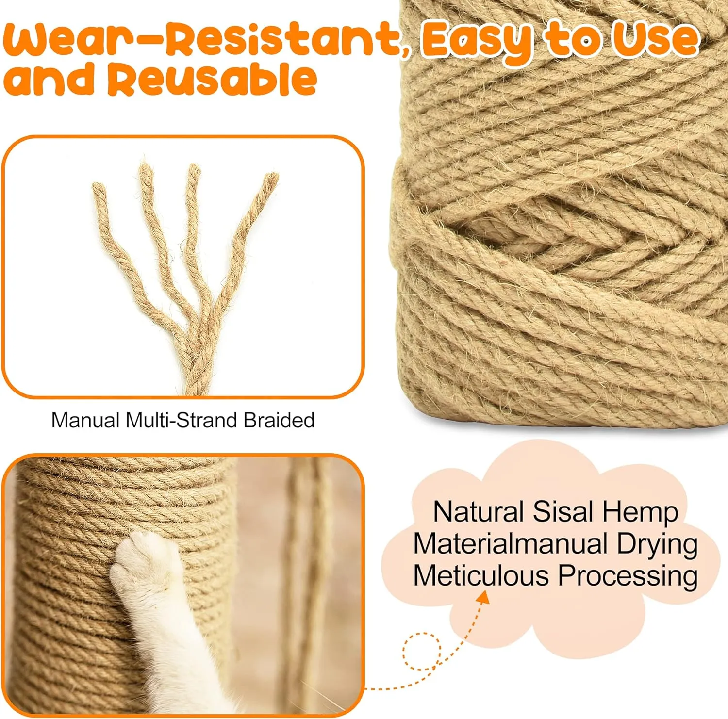 164FT/50M Cat Scratching Sisal Rope, 6mm Thick Natural Jute Rope for Scratch Posts, Cat Trees, DIY Projects, Sisal Rope for Cat Scratcher with 2 Cat Mouse Toys (Natural, 164ft)