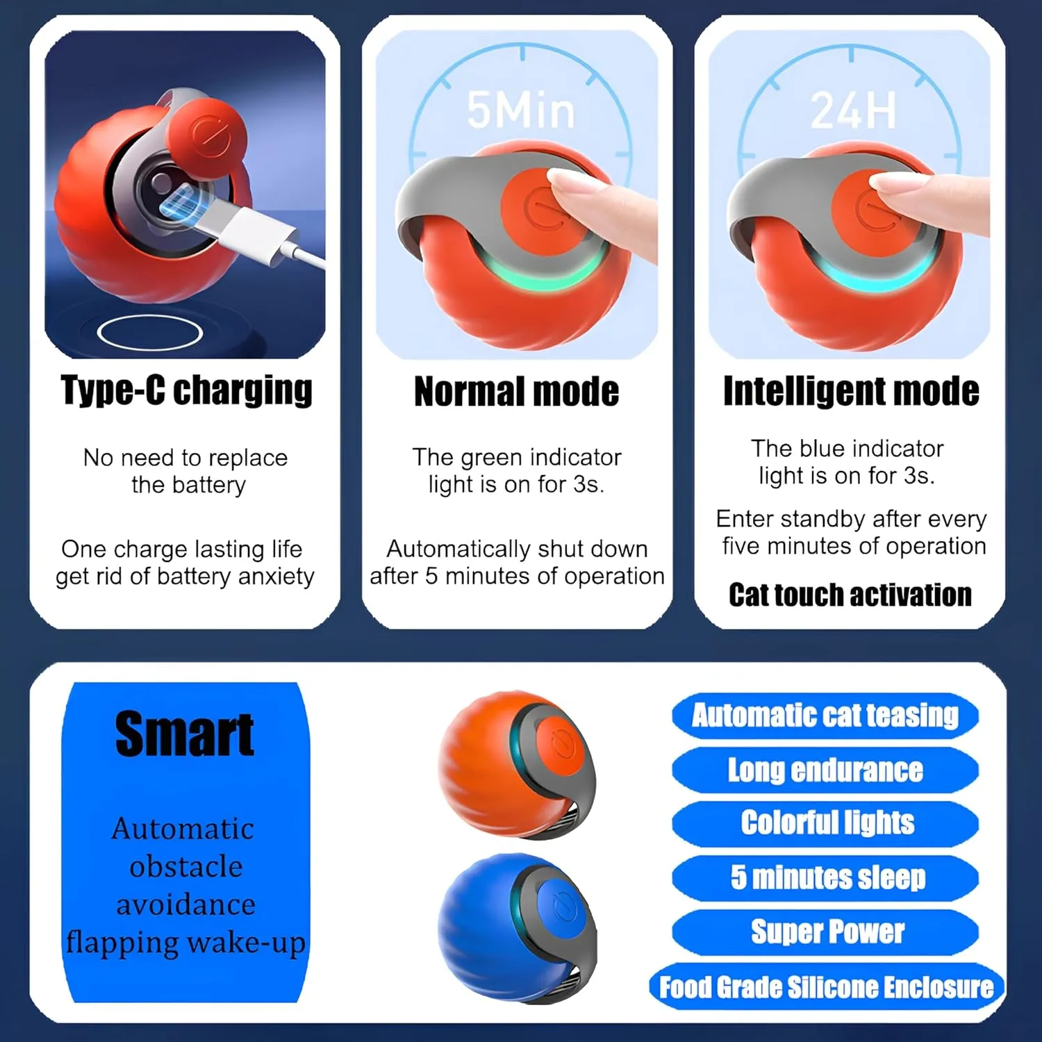 2025 Interactive Cat Toys Ball, Automatic Rolling Adult Cat Toy, Smart Moving Dog Toys for Bored Indoor Outdoor - Motion Activated Cat Toy Power Ball 2.0 Cat Toy (Blue)