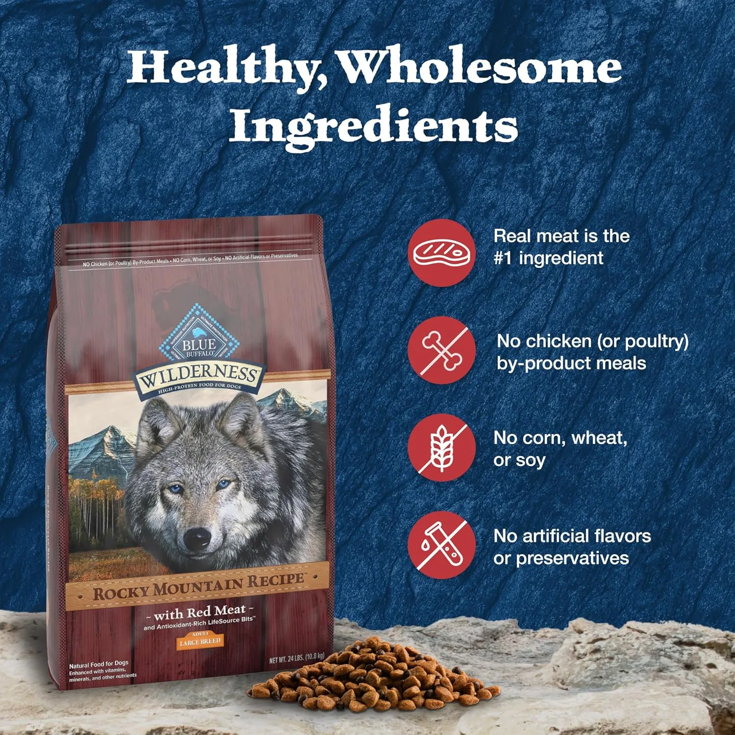 Blue Buffalo Wilderness Rocky Mountain Recipe High-Protein Large Breed Adult Dry Dog Food, Made in the USA with Natural Ingredients Plus Wholesome Grains, Red Meat, 24-lb. Bag