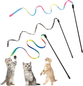 Cat Wand Toy Set, Interactive Cat Wand Toy with Rainbow Ribbon String, Rainbow Cloth String, Leopard Print Cloth String for Small Cats Kittens Indoor Training Catcher (3 Packs)