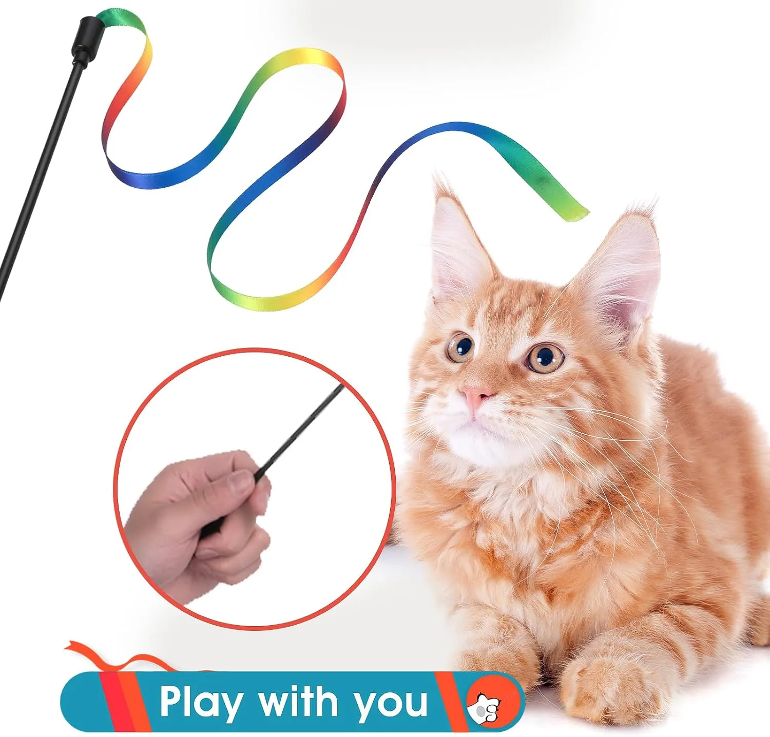 Cat Wand Toy Set, Interactive Cat Wand Toy with Rainbow Ribbon String, Rainbow Cloth String, Leopard Print Cloth String for Small Cats Kittens Indoor Training Catcher (3 Packs)