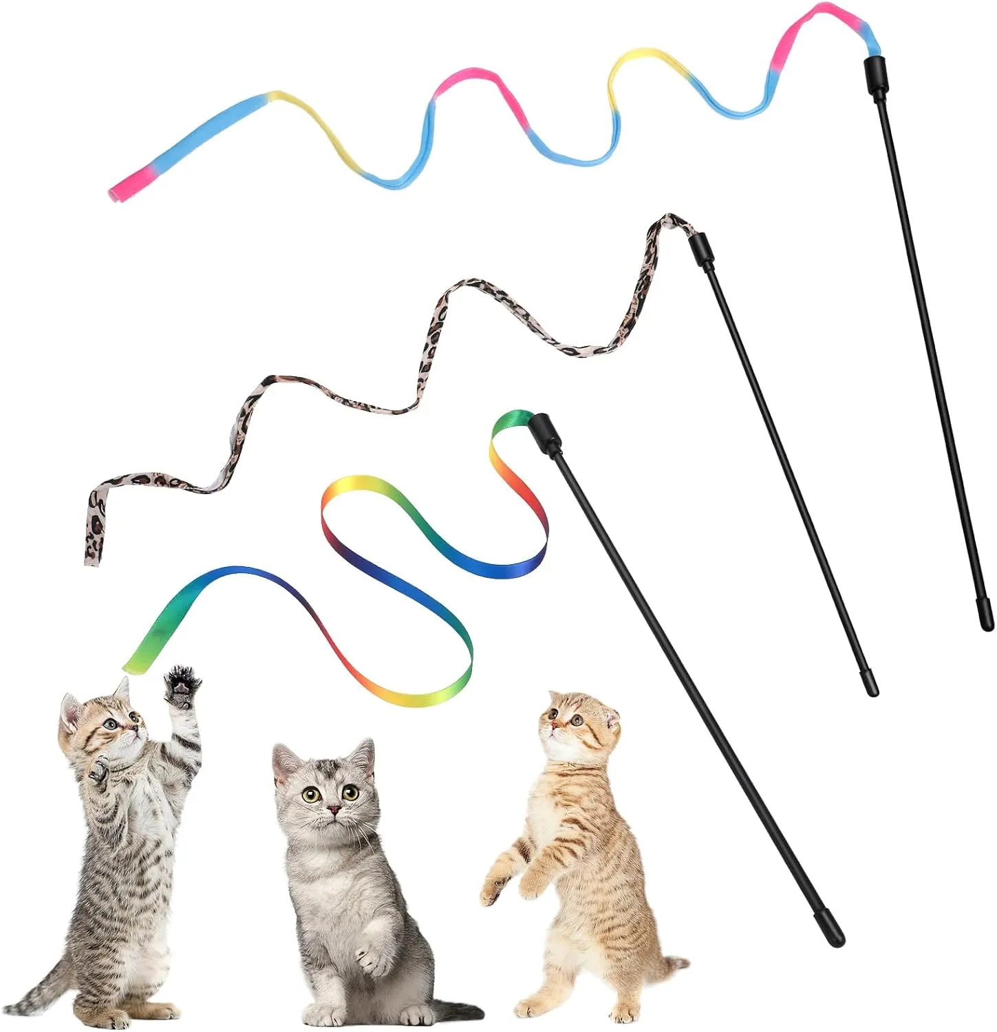 Cat Wand Toy Set, Interactive Cat Wand Toy with Rainbow Ribbon String, Rainbow Cloth String, Leopard Print Cloth String for Small Cats Kittens Indoor Training Catcher (3 Packs)