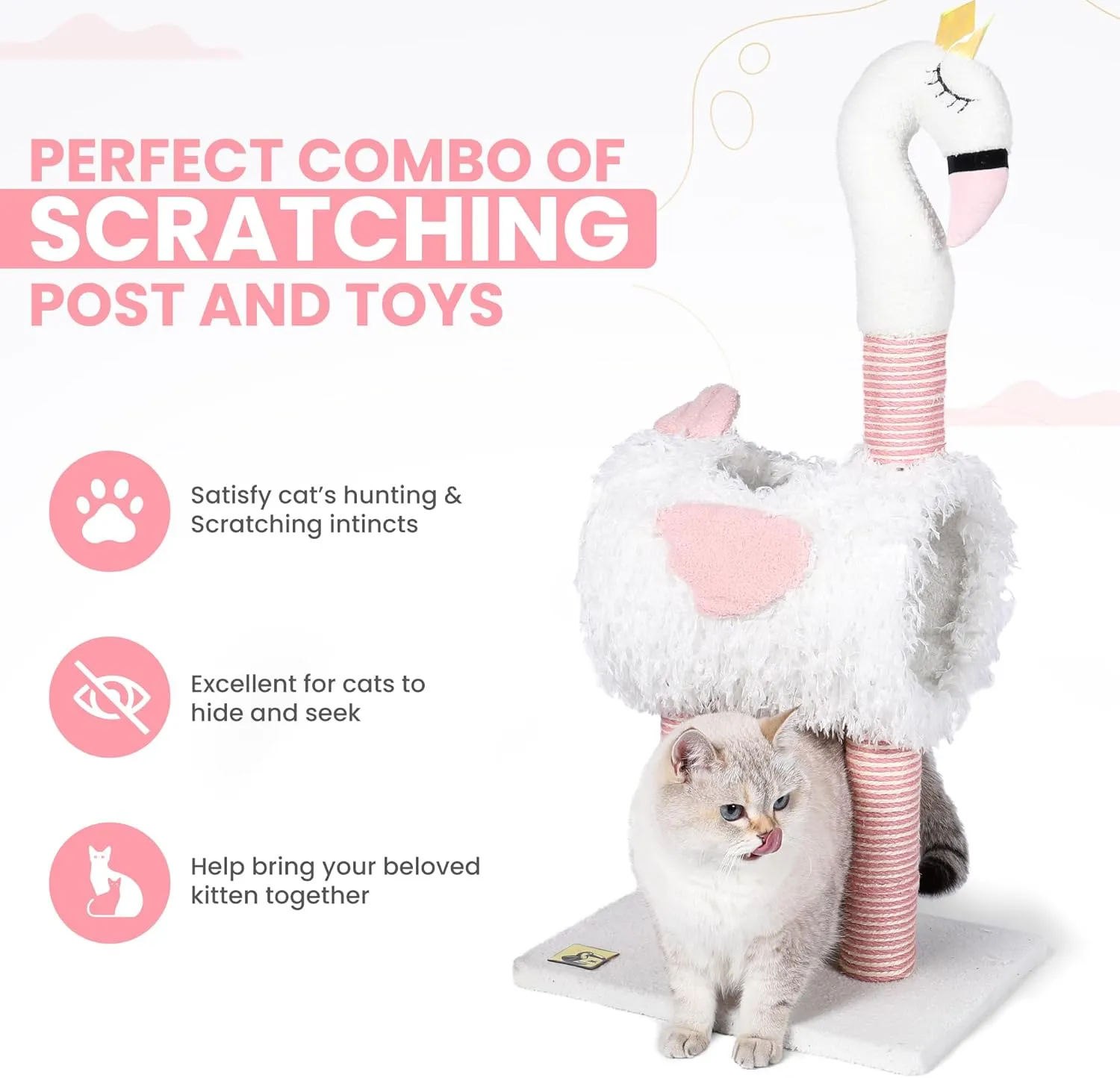 Cute Flamingo Cat Scratching Post for Indoor Cats, Soft Plush Fabric & Natural sisal Climbing Cat Tower with Dangling Bell Ball  Interactive Cat Toy for Kittens and Small Cats