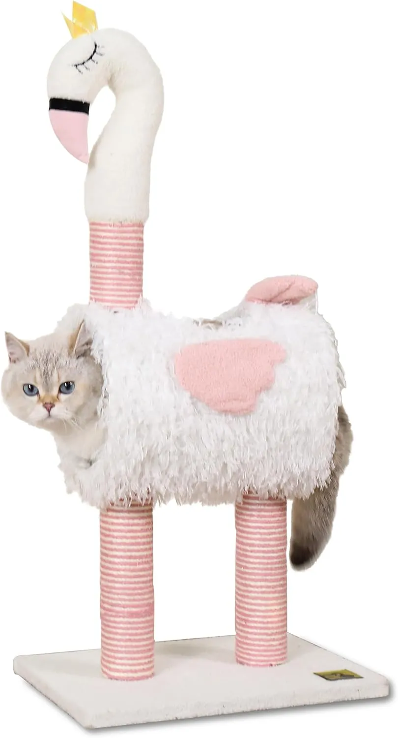 Cute Flamingo Cat Scratching Post for Indoor Cats, Soft Plush Fabric & Natural sisal Climbing Cat Tower with Dangling Bell Ball  Interactive Cat Toy for Kittens and Small Cats