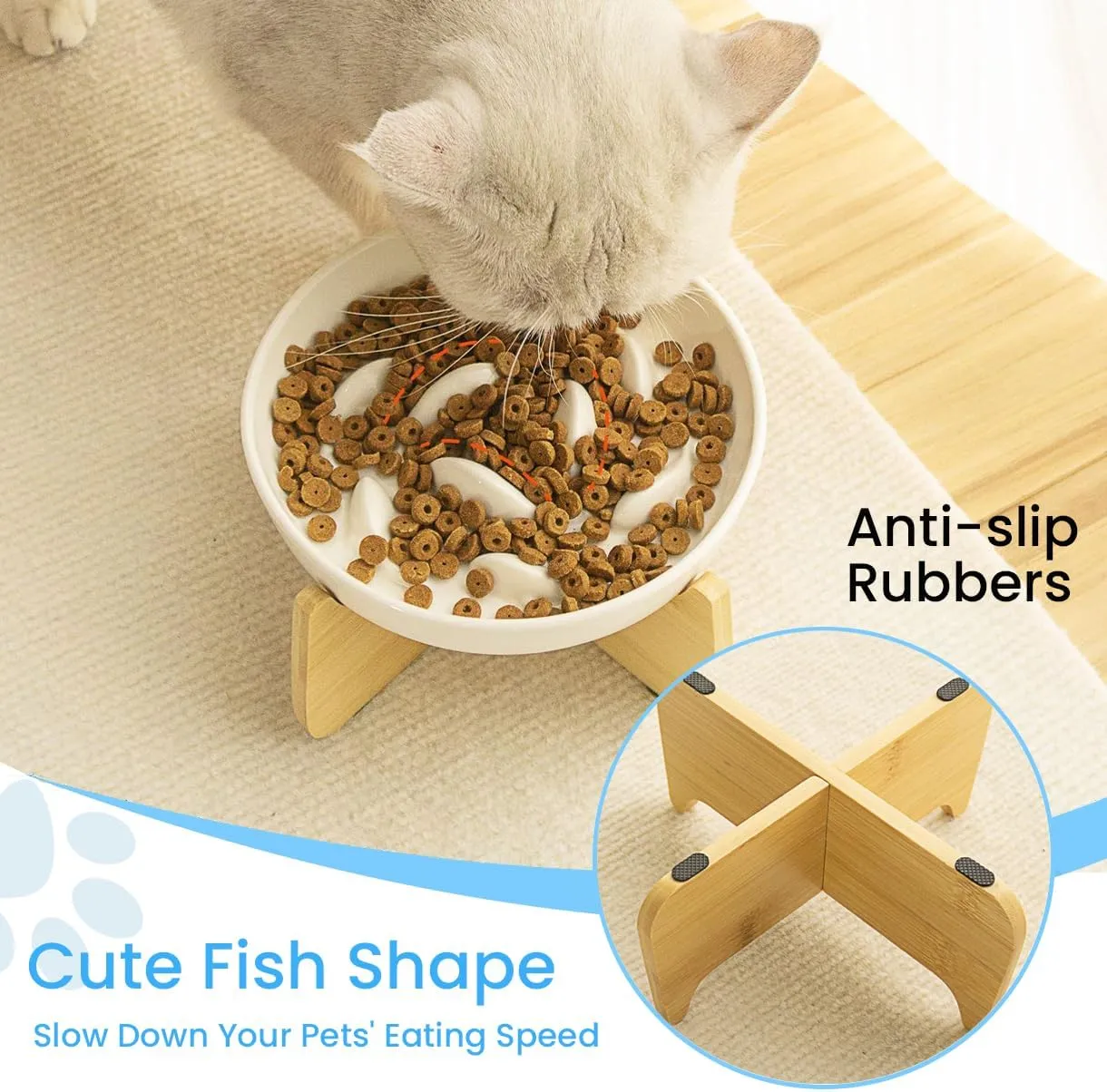 Elevated Ceramic Slow Feed Dish with Stand for Cats and Small Dogs, Fish Pool Design Pet Slow Feeder with Higher Edges, Healthy Eating Diet Made of Safe and Quality Material(Ceramic*White)