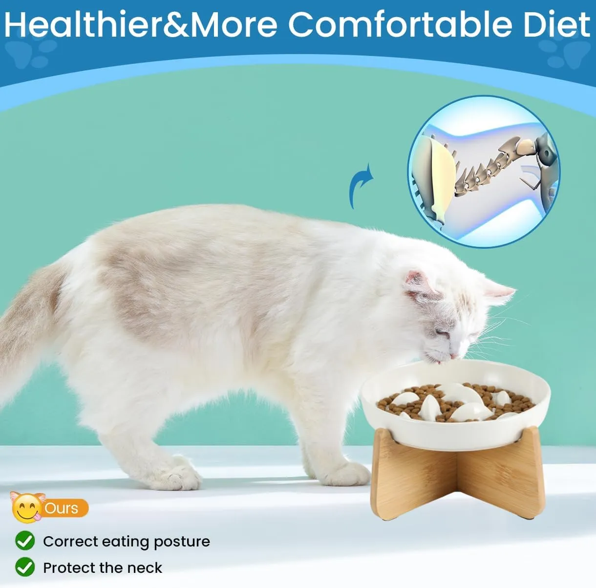 Elevated Ceramic Slow Feed Dish with Stand for Cats and Small Dogs, Fish Pool Design Pet Slow Feeder with Higher Edges, Healthy Eating Diet Made of Safe and Quality Material(Ceramic*White)