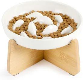 Elevated Ceramic Slow Feed Dish with Stand for Cats and Small Dogs, Fish Pool Design Pet Slow Feeder with Higher Edges, Healthy Eating Diet Made of Safe and Quality Material(Ceramic*White)