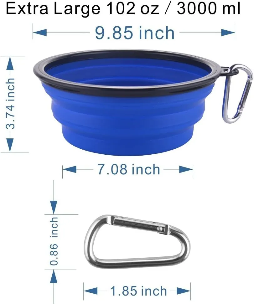 Extra Large Collapsible Dog Bowl, 3L XL Travel Dog Bowl, Foldable Travel Water Dish, 102oz X-Large Portable Collapsable Traveling Bowls with Carabiner for Dogs Walking, Hiking (Blue)