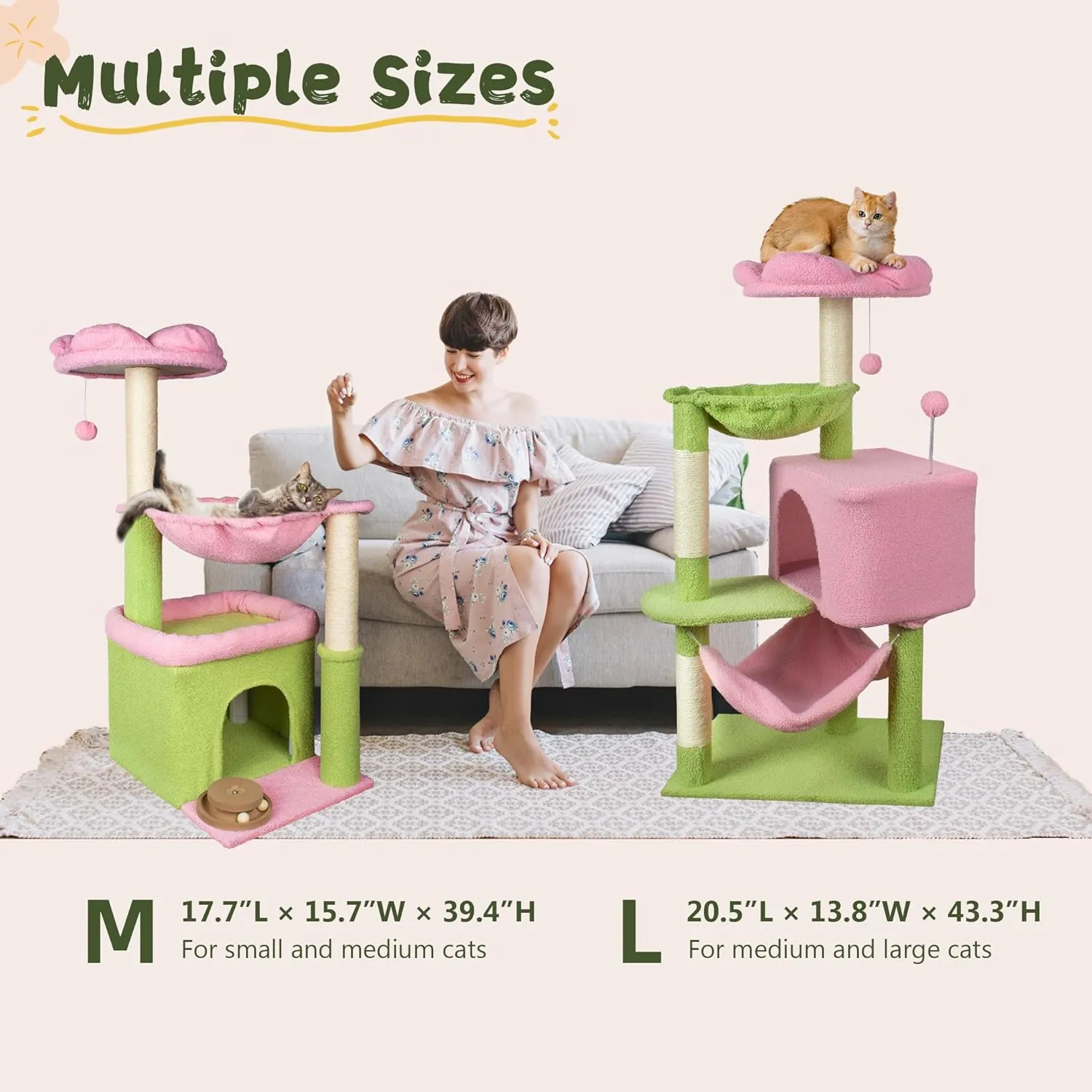 Flower Cat Tree, 39.4 Inches Large Cat Tower with Hammock and Cat Condo, Tall Cat Tree with Toys for Large Indoor Cats - Pink