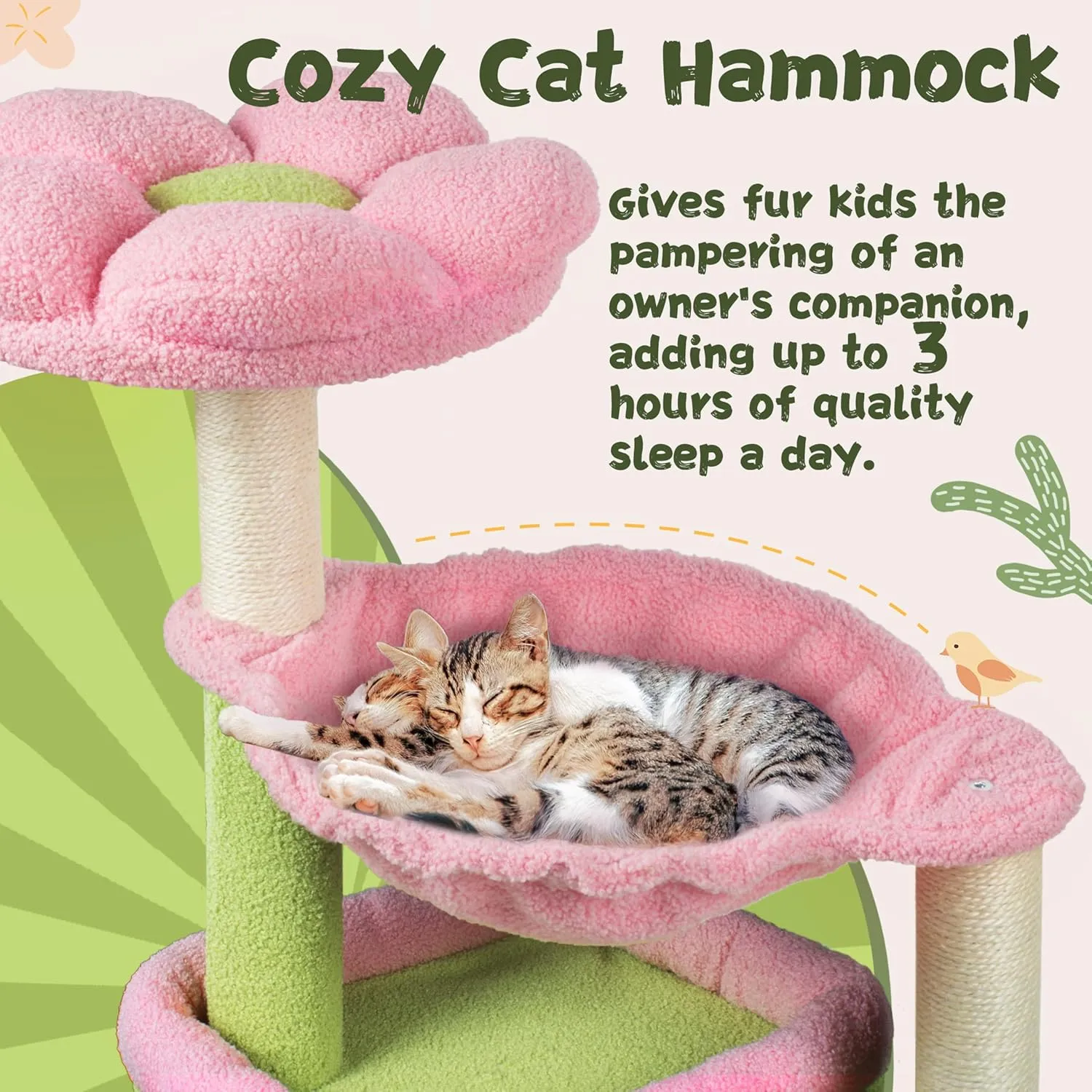 Flower Cat Tree, 39.4 Inches Large Cat Tower with Hammock and Cat Condo, Tall Cat Tree with Toys for Large Indoor Cats - Pink