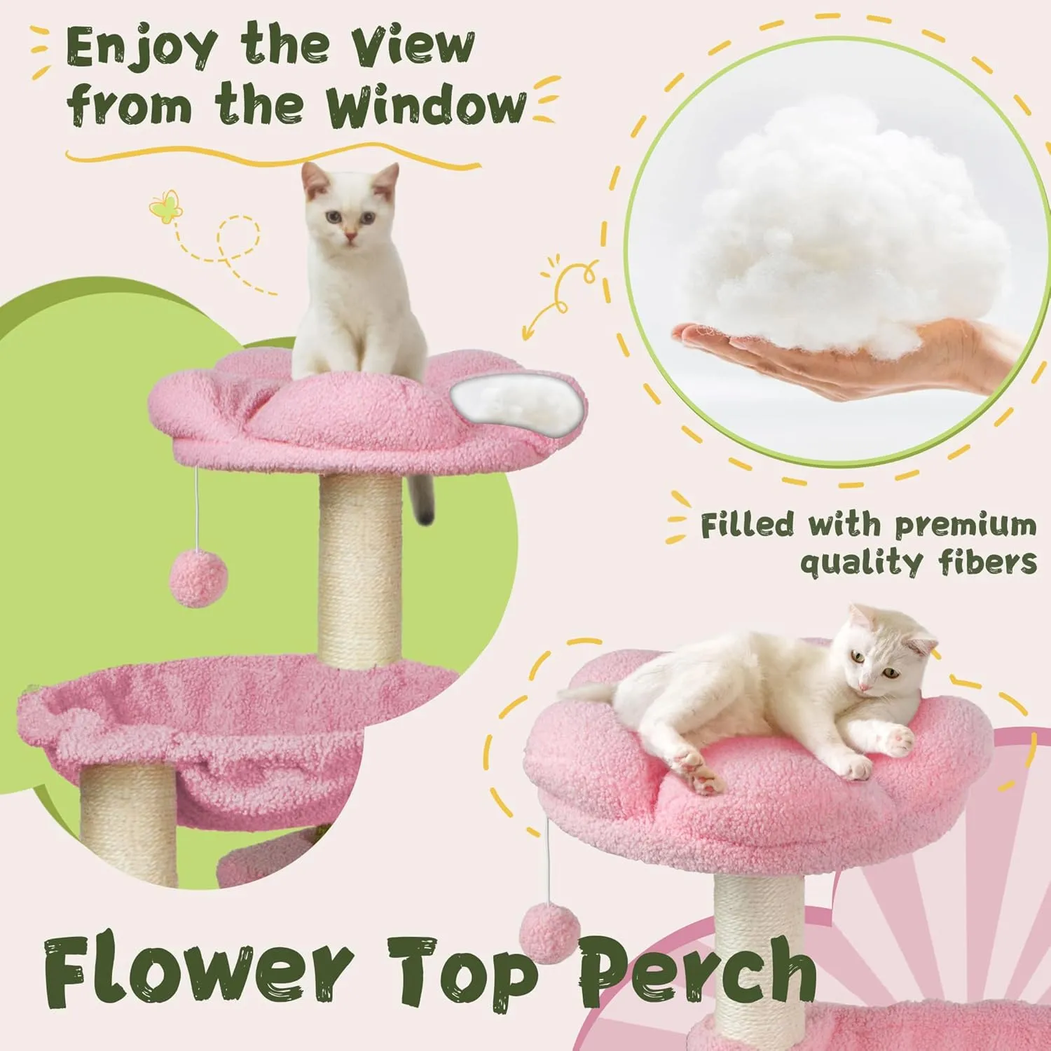 Flower Cat Tree, 39.4 Inches Large Cat Tower with Hammock and Cat Condo, Tall Cat Tree with Toys for Large Indoor Cats - Pink