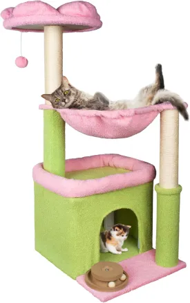 Flower Cat Tree, 39.4 Inches Large Cat Tower with Hammock and Cat Condo, Tall Cat Tree with Toys for Large Indoor Cats - Pink