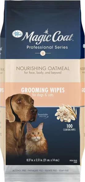 Four Paws Magic Coat Professional Series Nourishing Oatmeal Cat and Dog Grooming Wipes - Fresh Peach Scent, 100 Count