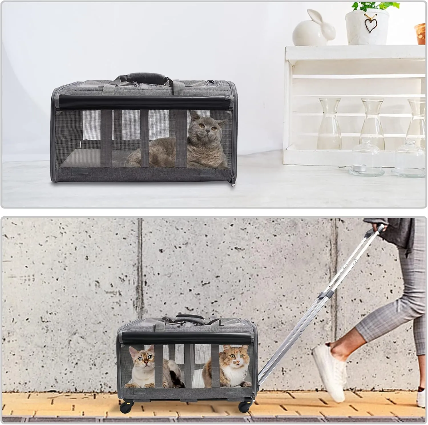 GJEASE Cat Rolling Carrier for 2 Cats,Double-Compartment Pet Rolling Carrier with Wheels for 2 Pets,for Up to 35 LBS,Super Ventilated Design, Ideal for Traveling/Hiking/Camping