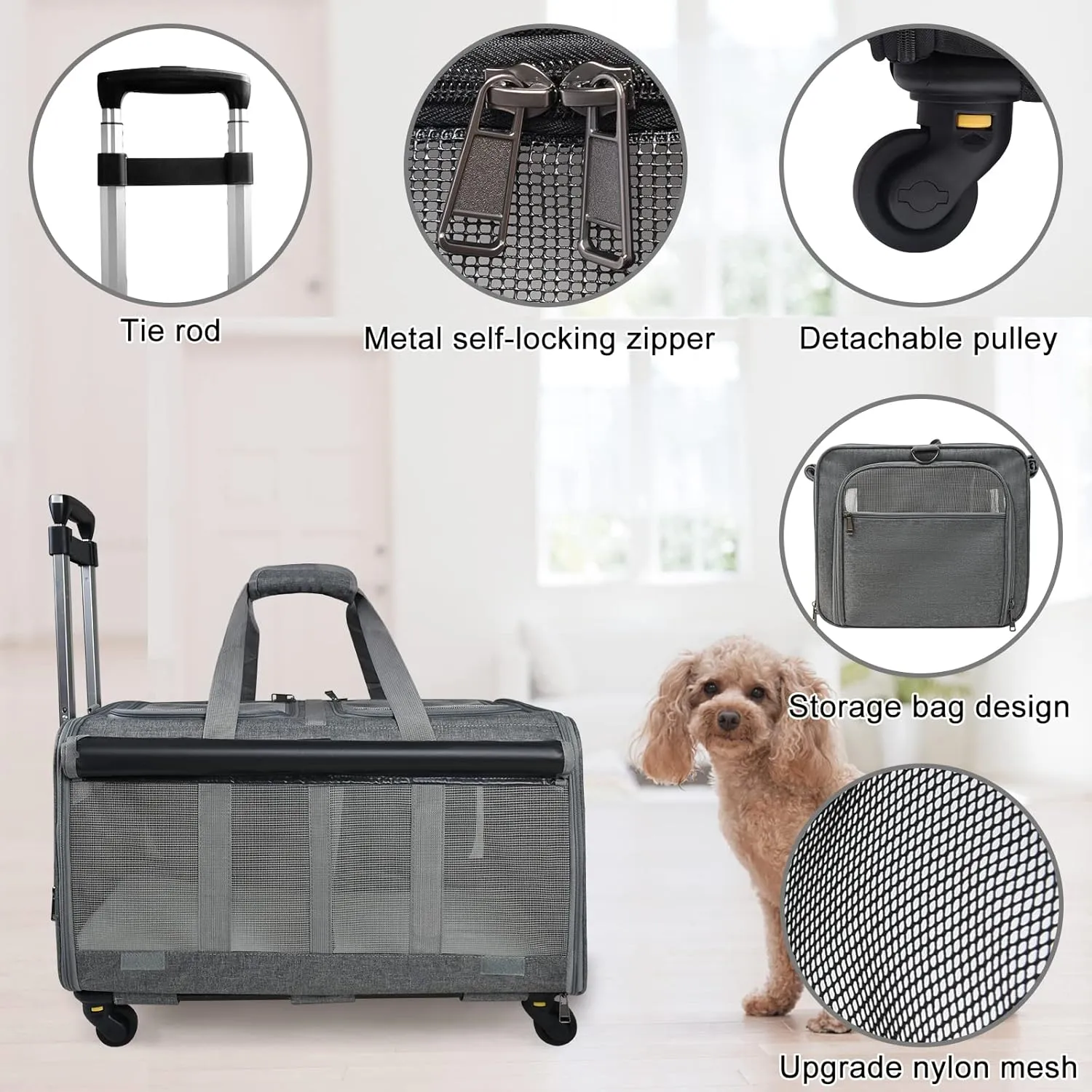 GJEASE Cat Rolling Carrier for 2 Cats,Double-Compartment Pet Rolling Carrier with Wheels for 2 Pets,for Up to 35 LBS,Super Ventilated Design, Ideal for Traveling/Hiking/Camping