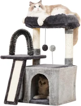 Happi N Pets Cat Tree Tower for Indoor Cats, Multi-Level Cat Tree with Scratching Posts & Condos, Cozy Cat Perch, Self Groomer and Interactive Toys, Featuring with Large Cat Cave, Smokey Gray