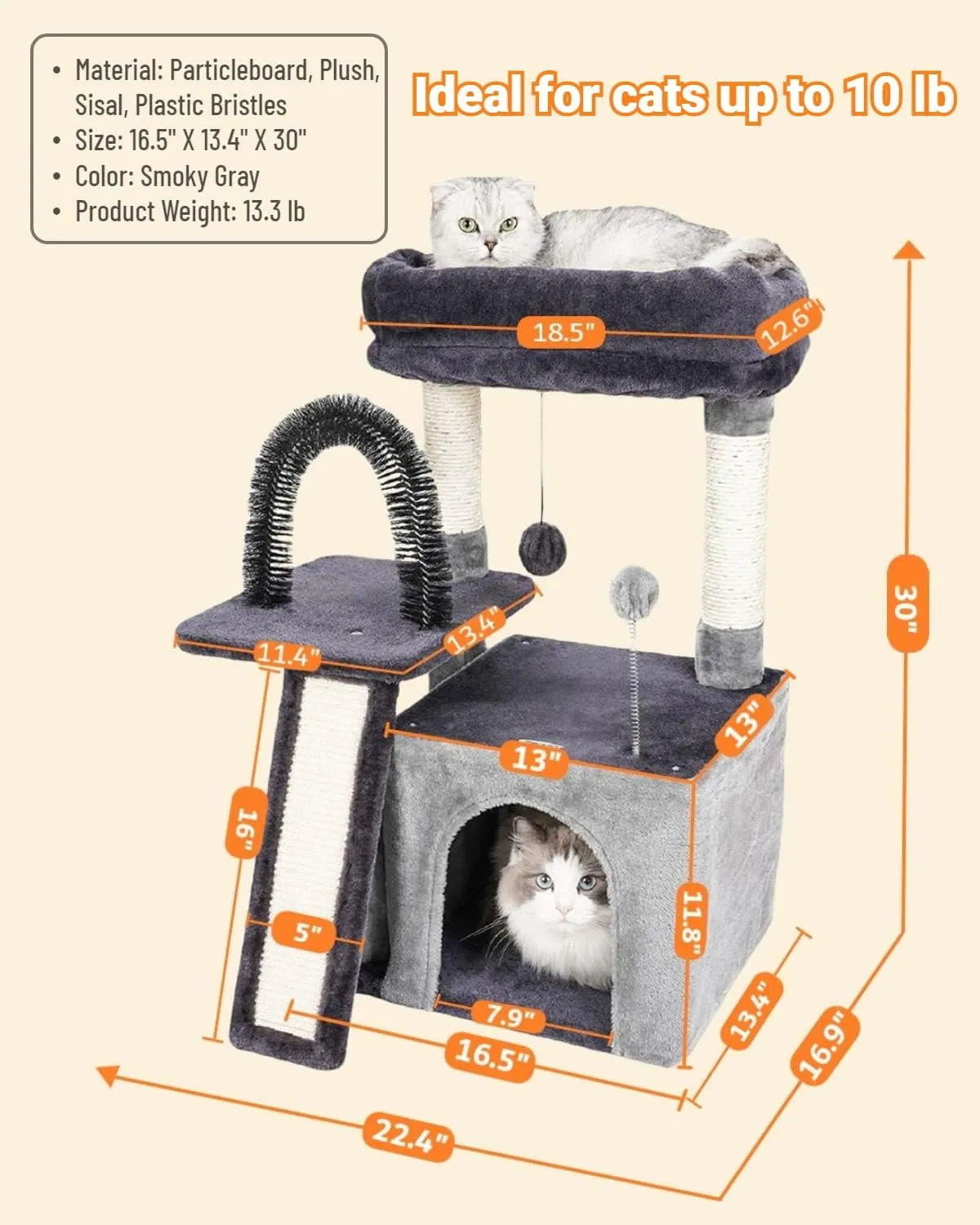 Happi N Pets Cat Tree Tower for Indoor Cats, Multi-Level Cat Tree with Scratching Posts & Condos, Cozy Cat Perch, Self Groomer and Interactive Toys, Featuring with Large Cat Cave, Smokey Gray