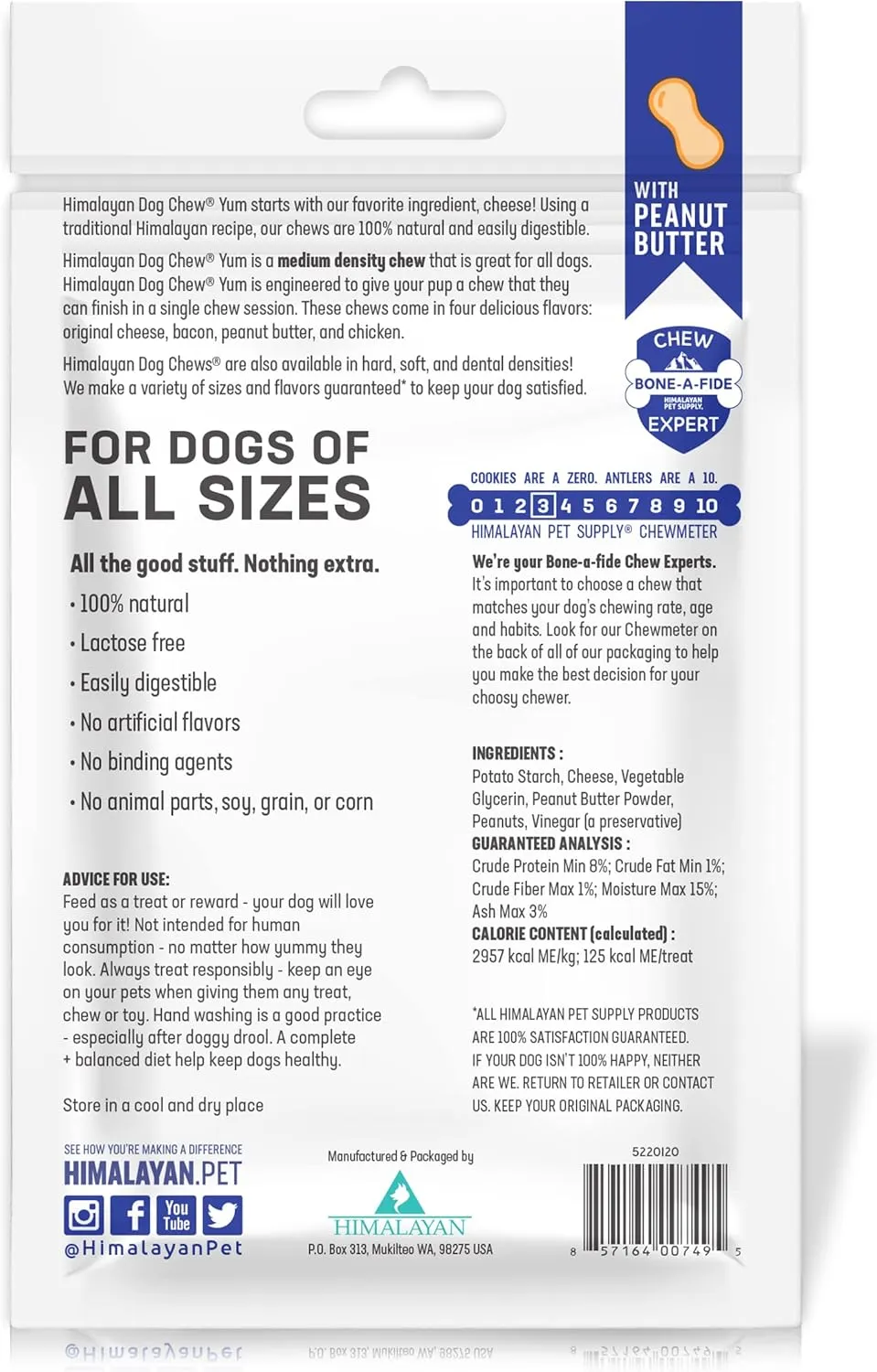Himalayan Dog Chew Yak Cheese Dog Chews, Lactose Free & Grain Free, USA Made, For All Dog Breeds, Medium Density Cheese Chew, Resealable Pouch with 3 YUM Treats, Peanut Butter Flavor