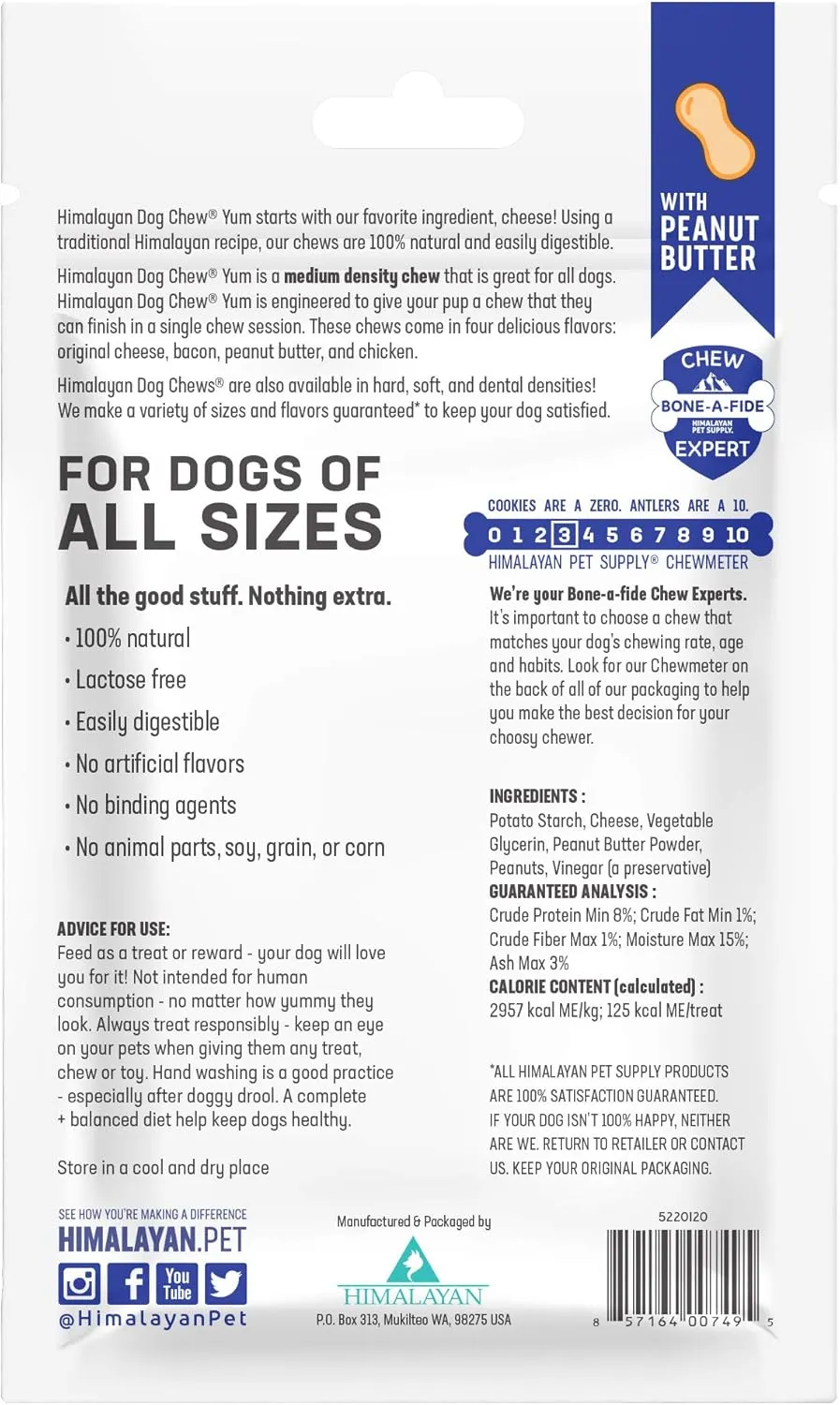 Himalayan Dog Chew Yak Cheese Dog Chews, Lactose Free & Grain Free, USA Made, For All Dog Breeds, Medium Density Cheese Chew, Resealable Pouch with 3 YUM Treats, Peanut Butter Flavor