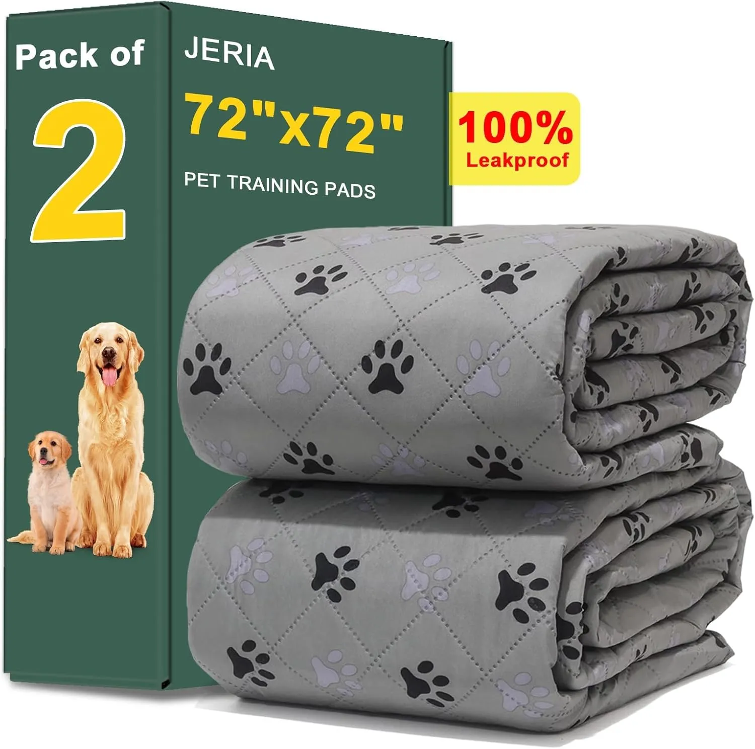 JERIA 2 Pack 72"x 72" Waterproof Non Slip Wee Wee padReusable Washable Pee Pads for DogsAbsorbent and Leakproof Training Mats for Potty, Bed, Sofa, Potty Training