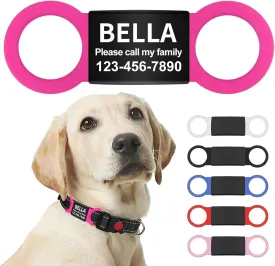 LaReine Silent Slide On Pet ID Tags, Personalized Laser Engraved on Collar, Colored Elastic Silicone Band and S/M/L/XL Black Stainless Steel Cat Dog Name Plate (Hot Pink, Small)