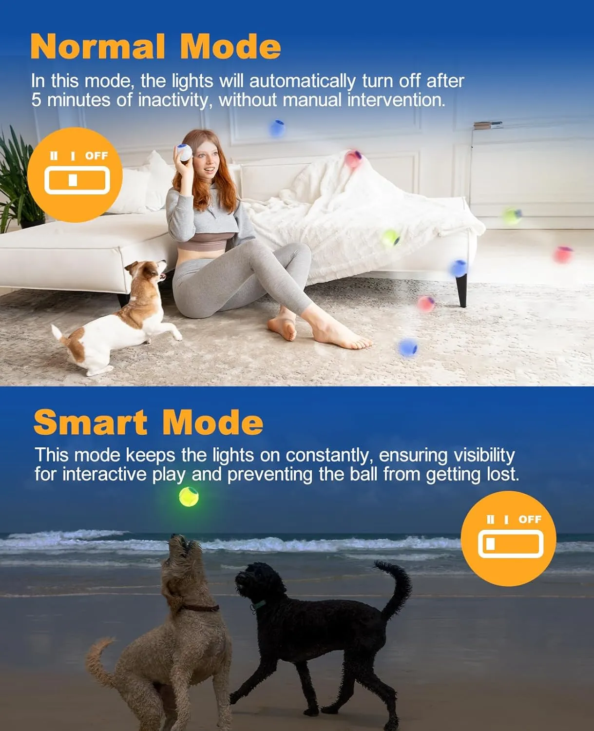 LED Dog Ball Rechargeable, Light Up Dog Ball Toys, Bounce-Activated Durable Fetch Ball, Natural Rubber, Unique Scent, 2.5 inches, for Small & Medium Dogs (Blue)