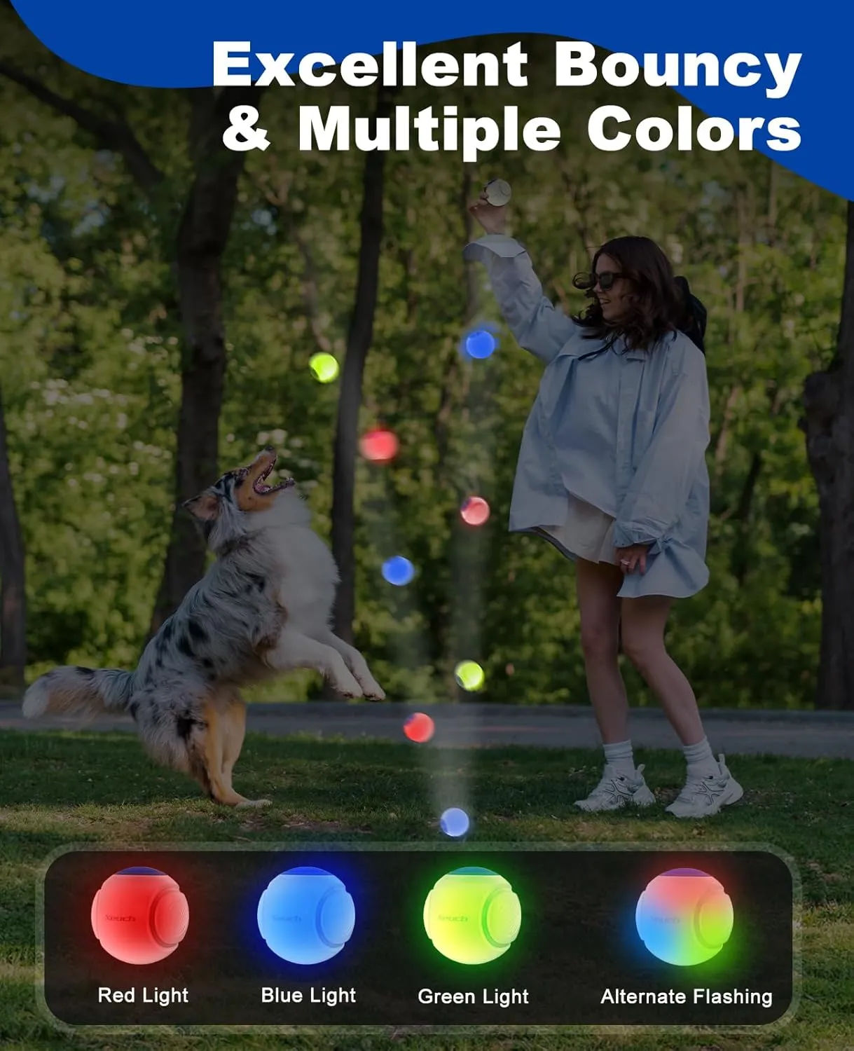 LED Dog Ball Rechargeable, Light Up Dog Ball Toys, Bounce-Activated Durable Fetch Ball, Natural Rubber, Unique Scent, 2.5 inches, for Small & Medium Dogs (Blue)