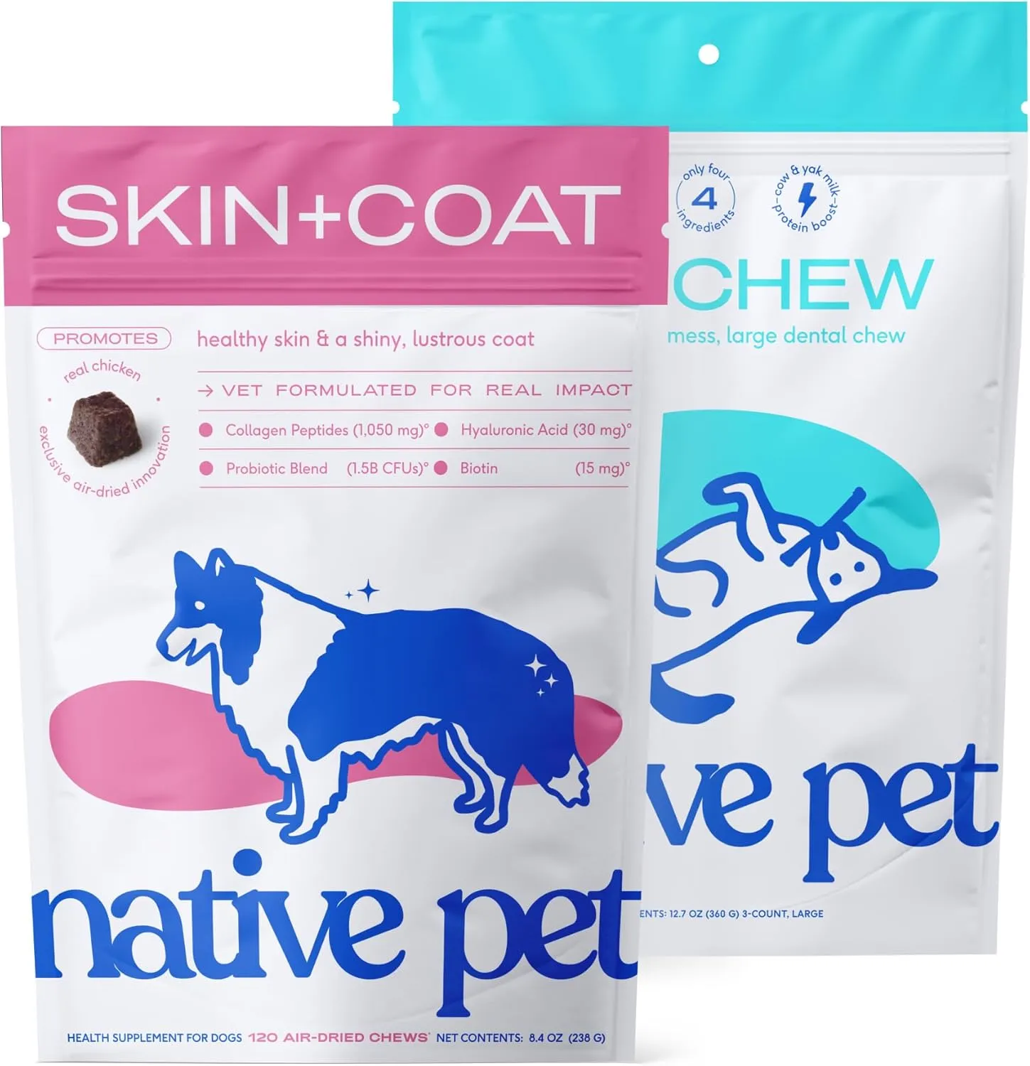 Native Pet Omega Skin and Coat Chews for Dogs (120 Air-Dried Chews) & Yak Chew (3 Large Chews) - All Natural Dental Sticks Made with Yak Cheese & Pure Omega 3 Fish Oil