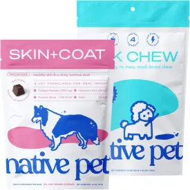 Native Pet Omega Skin and Coat Chews for Dogs (30 Air-Dried Chews) & Yak Chew (5 Small Chews) - All Natural Dental Sticks Made with Yak Cheese & Pure Omega 3 Fish Oil