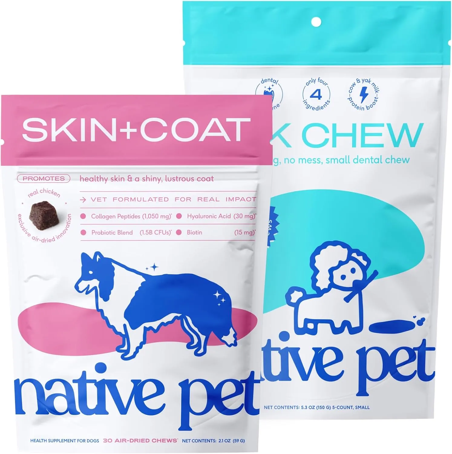 Native Pet Omega Skin and Coat Chews for Dogs (30 Air-Dried Chews) & Yak Chew (5 Small Chews) - All Natural Dental Sticks Made with Yak Cheese & Pure Omega 3 Fish Oil