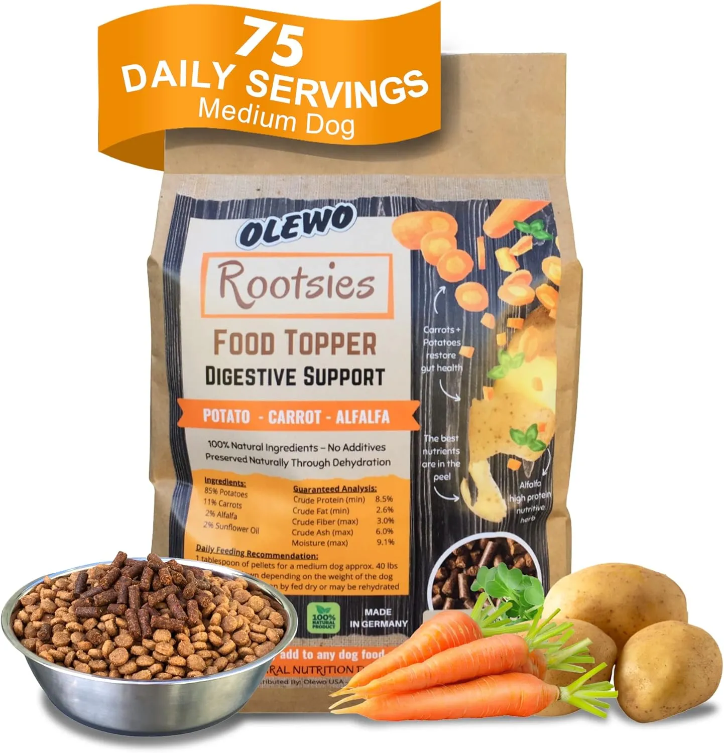 Olewo Rootsies Food Topper  Sensitive Stomach Dog Food, Fiber for Dog Stool Hardener, Dog Food Toppers for Picky Eaters, Probiotics for Dogs Digestive and Dog Gut Health, 2.2 lbs
