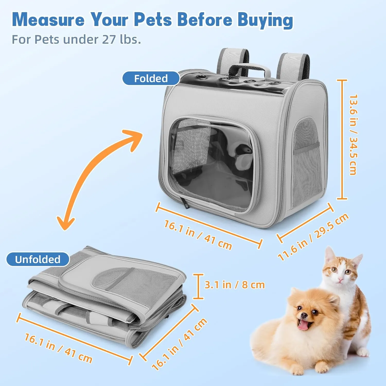 Pet Carrier Backpack, Cat Backpack Carrier with Breathable Holes, Portable Pet Travel Carrier for Medium/Small Cats and Dogs, Airline Approved, Ideal for Outdoor Picnic,Hiking (Gray)