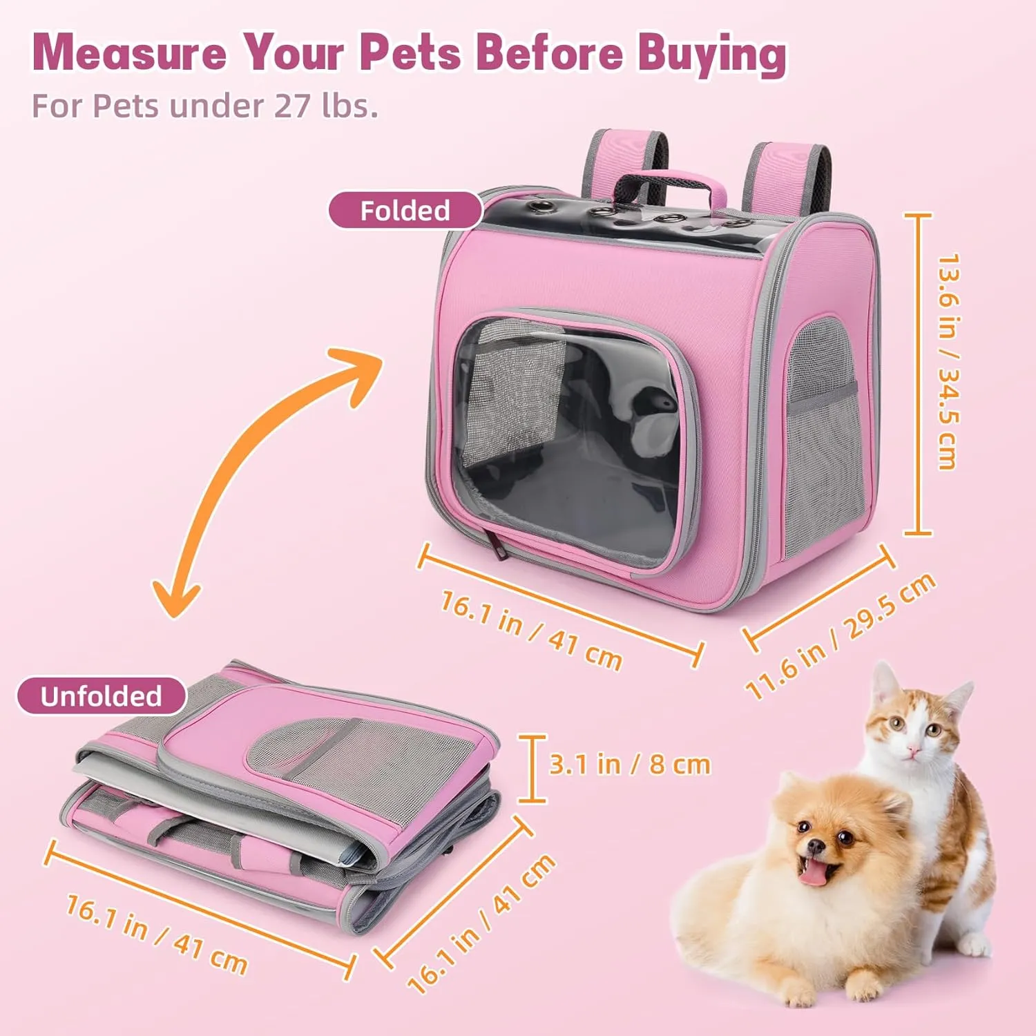 Pet Carrier Backpack, Cat Backpack Carrier with Breathable Holes, Portable Pet Travel Carrier for Medium/Small Cats and Dogs, Airline Approved, Ideal for Outdoor Picnic,Hiking (Pink)