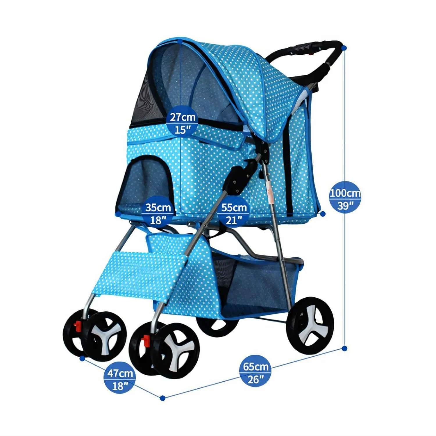 Pet Dog Stroller, 4 Wheel Foldable Cat Dog Stroller with Storage Basket and Cup Holder, Multifunction Dog Cat Jogger Stroller for Medium Small Dogs Cats, Pink