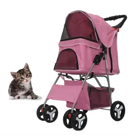 Pet Dog Stroller, 4 Wheel Foldable Cat Dog Stroller with Storage Basket and Cup Holder, Multifunction Dog Cat Jogger Stroller for Medium Small Dogs Cats, Pink