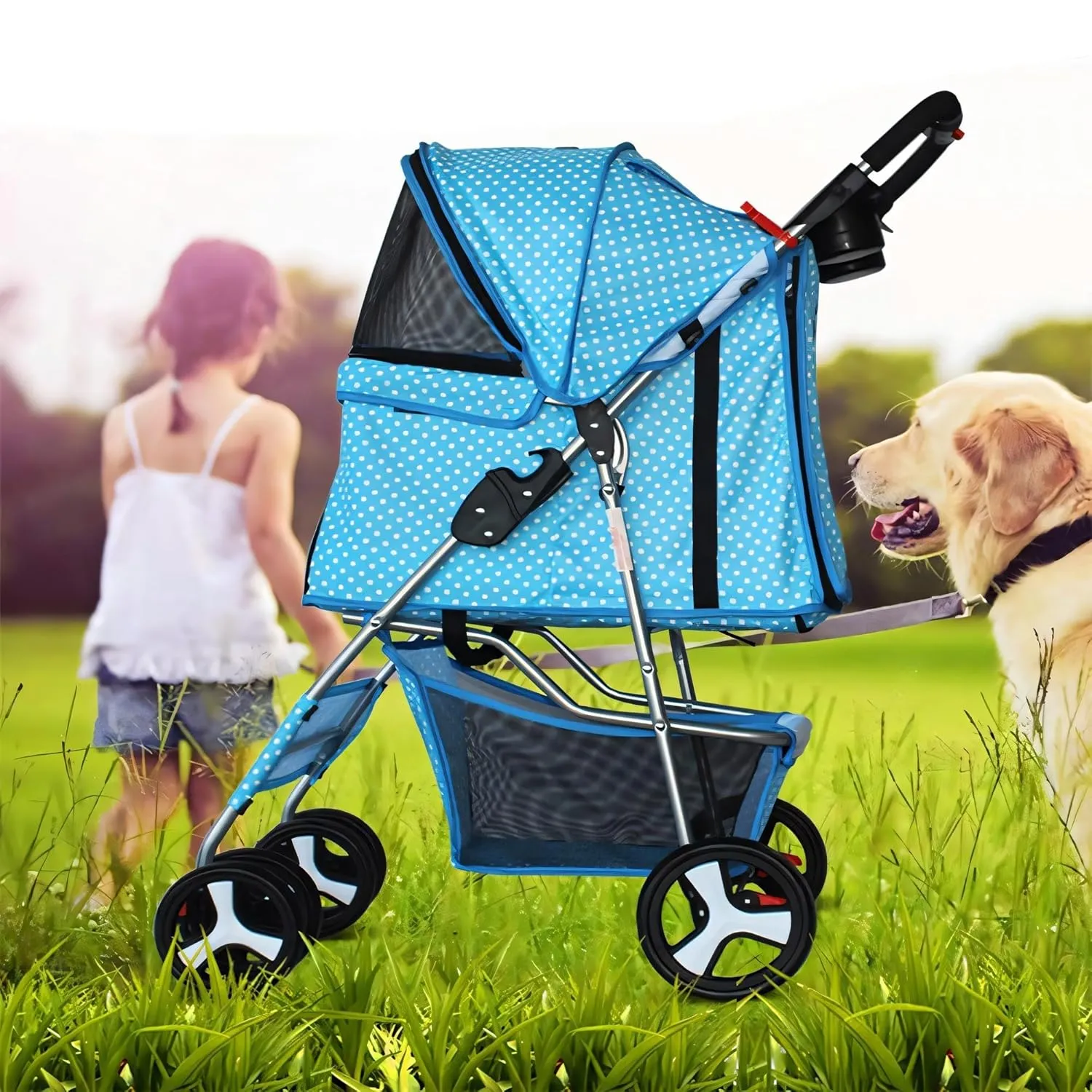 Pet Dog Stroller, 4 Wheel Foldable Cat Dog Stroller with Storage Basket and Cup Holder, Multifunction Dog Cat Jogger Stroller for Medium Small Dogs Cats, Pink