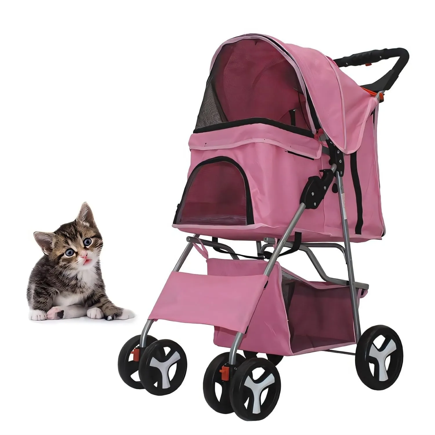 Pet Dog Stroller, 4 Wheel Foldable Cat Dog Stroller with Storage Basket and Cup Holder, Multifunction Dog Cat Jogger Stroller for Medium Small Dogs Cats, Pink