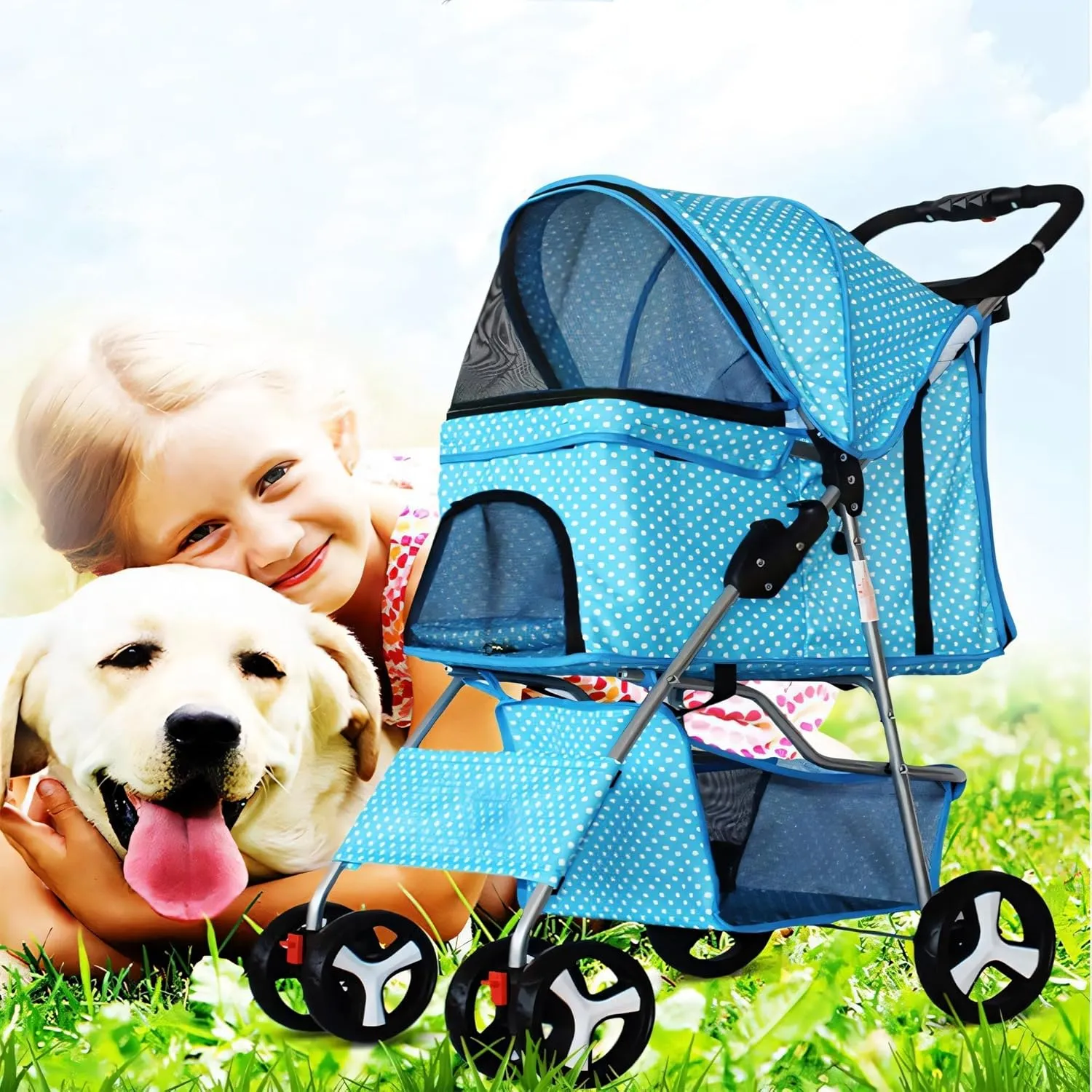 Pet Dog Stroller, 4 Wheel Foldable Cat Dog Stroller with Storage Basket and Cup Holder, Multifunction Dog Cat Jogger Stroller for Medium Small Dogs Cats, Pink
