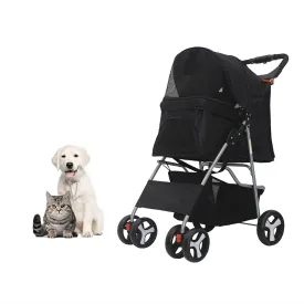 Pet Stroller 4 Wheels Dog Cat Stroller for Small Medium Dogs Cats Pet Folding Stroller with Cup Holder and Storage Basket, Easy to Walk Travel Carrier, Black