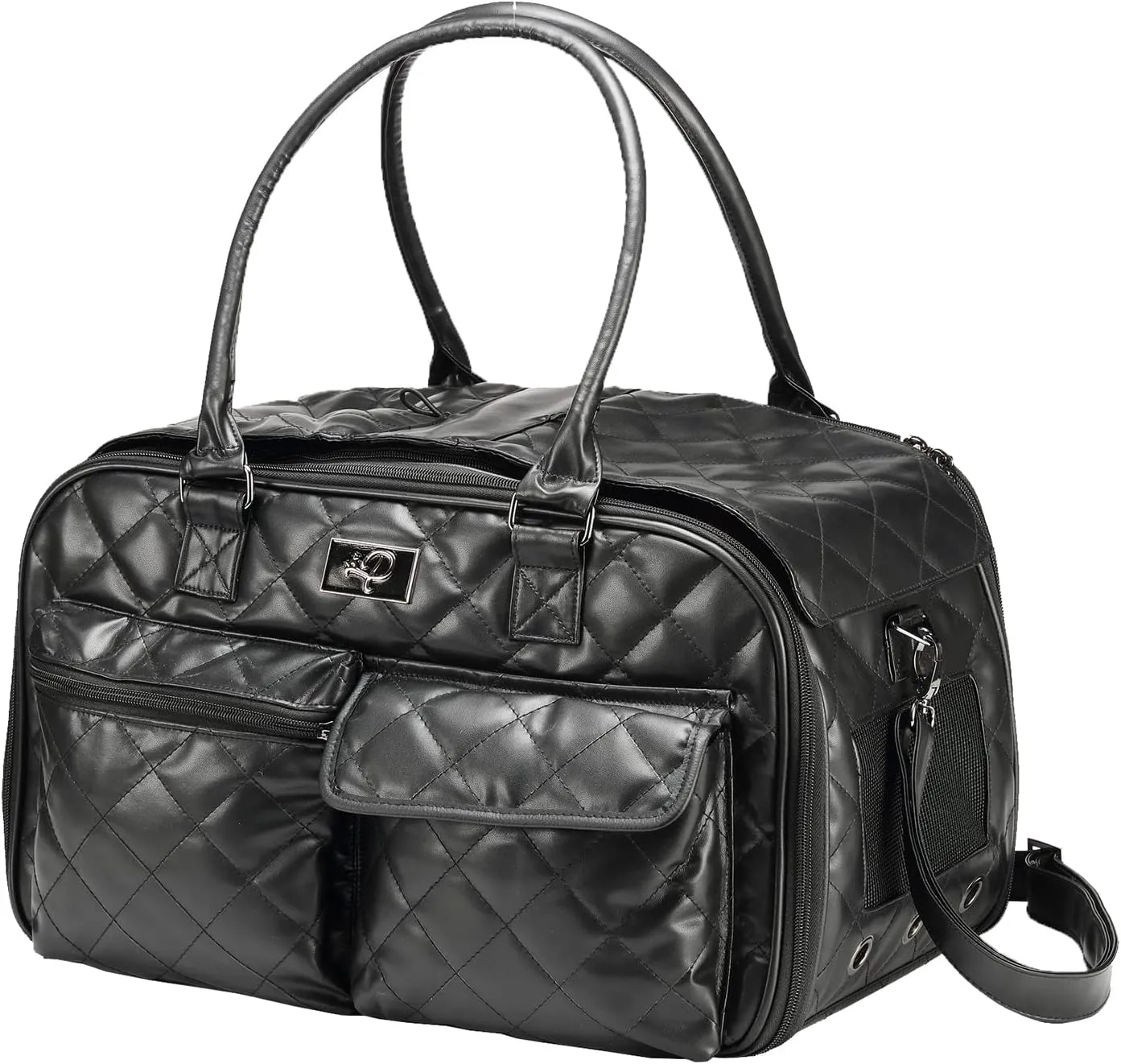 PETIQUE The Lux Pet Carrier, Fancy Small Dog Carrier Bag, Ventilated Small Dog and Cat Carrier, Travel-Friendly with Multiple Compartments, Faux Leather, Black
