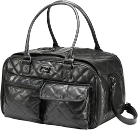 PETIQUE The Lux Pet Carrier, Fancy Small Dog Carrier Bag, Ventilated Small Dog and Cat Carrier, Travel-Friendly with Multiple Compartments, Faux Leather, Black