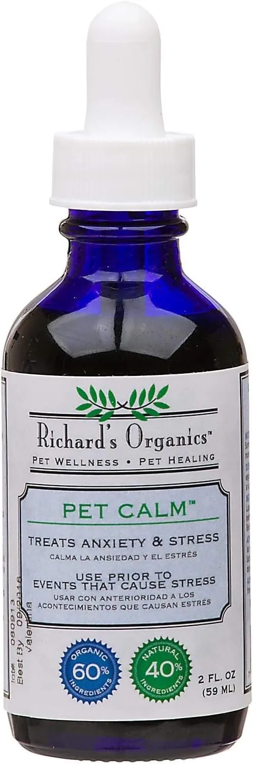 Richards Organics Pet Calm, 2 oz. Bottle with Dropper  Natural Cat and Dog Anxiety Relief  100% Natural Pet Stress Relief  Drug-Free Calming Drops, Settles Nerves and Reduces Hyperactivity