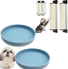 Silicone Cat Bowl Set of 2 with Cat Scratching Post Wall Mounted 2 Pack Cage Mount Cat Scratcher 2-in-1 Natural Sisal Kitty Scratch Posts with Self Groomer Massager for Scratch and Climbing