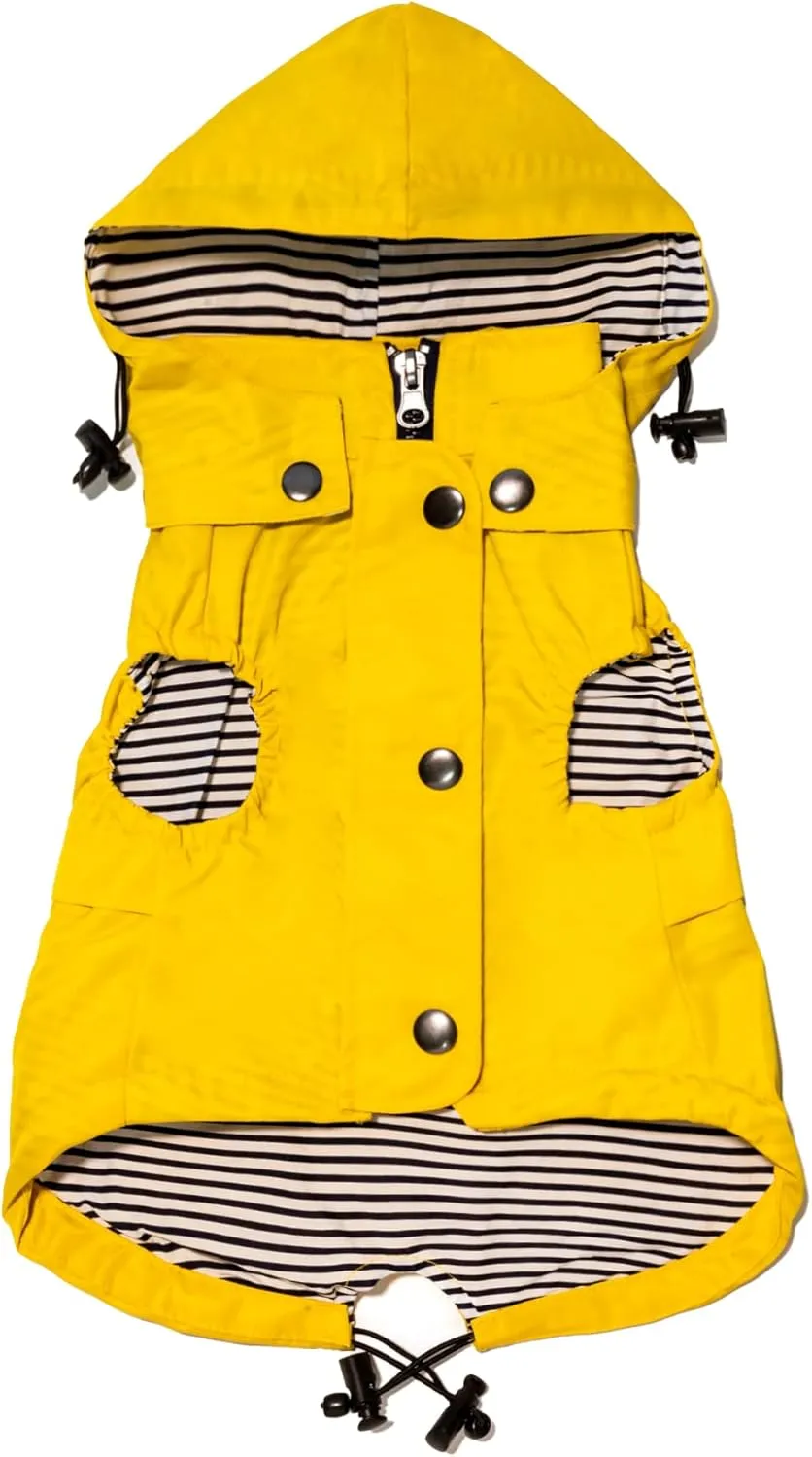 Sleeveless Zip Up Dog Raincoat with Reflective Buttons, Pockets, Rain/Water Resistant, Adjustable Drawstring, & Removable Hood - Size XS to XL - Stylish Premium Dog Raincoats (XX-Large, Yellow)