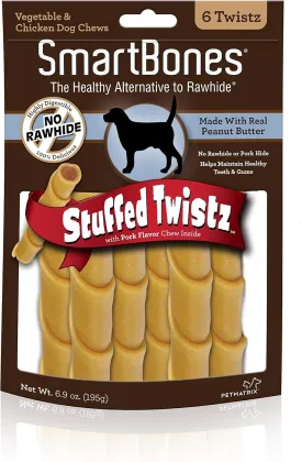 SmartBones Stuffed Twistz with Peanut Butter, Rawhide-Free Chews for Dogs Stuffed with Pork Flavor, 6 Twistz
