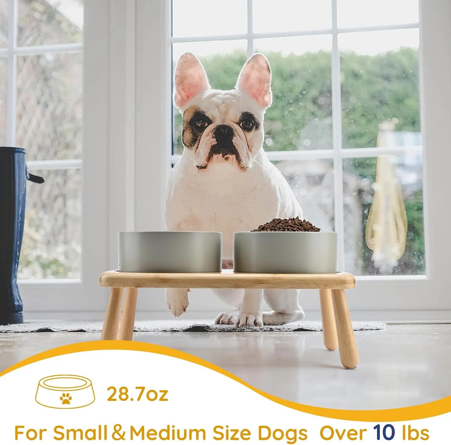 SPUNKYJUNKY Raised Dog Bowls Ceramic Dog Bowls Elevated with Non-Slip Wooden Stand Dog Food Water Bowls for Puppy Small Medium Dogs(Double 28OZ Bowls,Grey)
