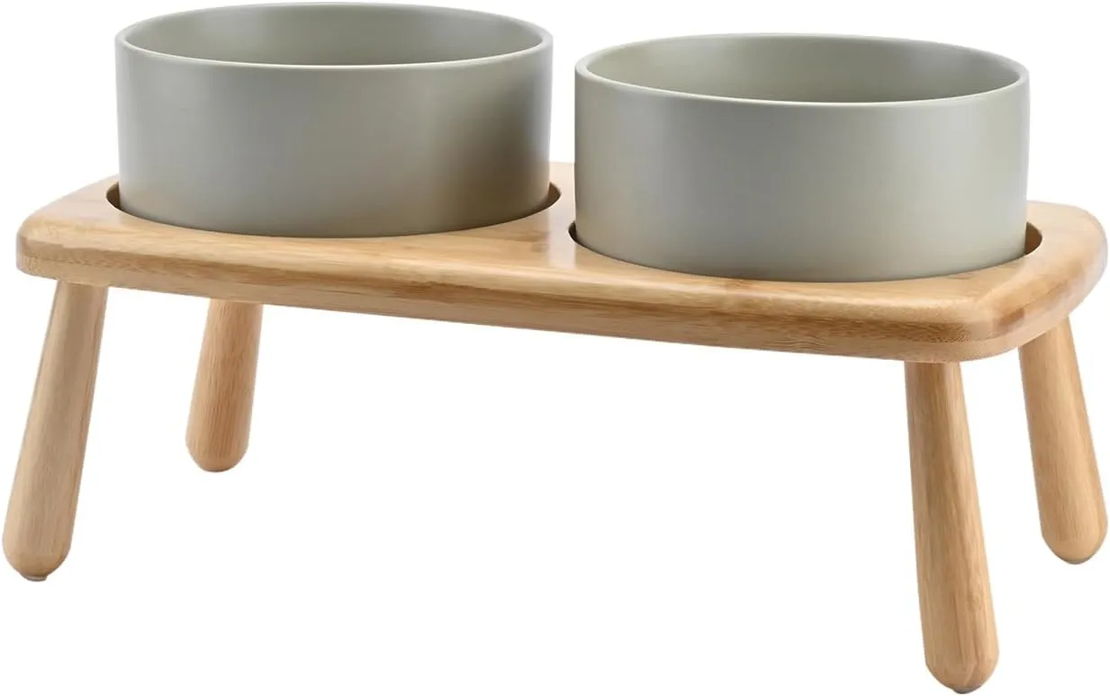 SPUNKYJUNKY Raised Dog Bowls Ceramic Dog Bowls Elevated with Non-Slip Wooden Stand Dog Food Water Bowls for Puppy Small Medium Dogs(Double 28OZ Bowls,Grey)