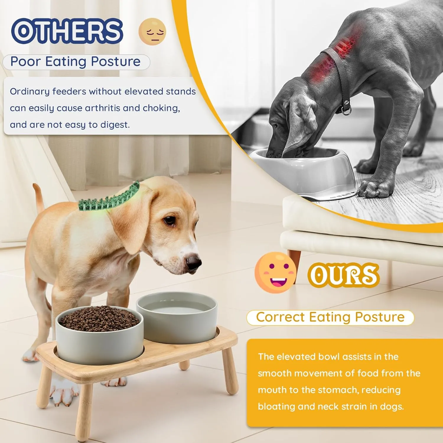 SPUNKYJUNKY Raised Dog Bowls Ceramic Dog Bowls Elevated with Non-Slip Wooden Stand Dog Food Water Bowls for Puppy Small Medium Dogs(Double 28OZ Bowls,Grey)