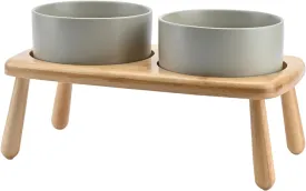 SPUNKYJUNKY Raised Dog Bowls Ceramic Dog Bowls Elevated with Non-Slip Wooden Stand Dog Food Water Bowls for Puppy Small Medium Dogs(Double 28OZ Bowls,Grey)